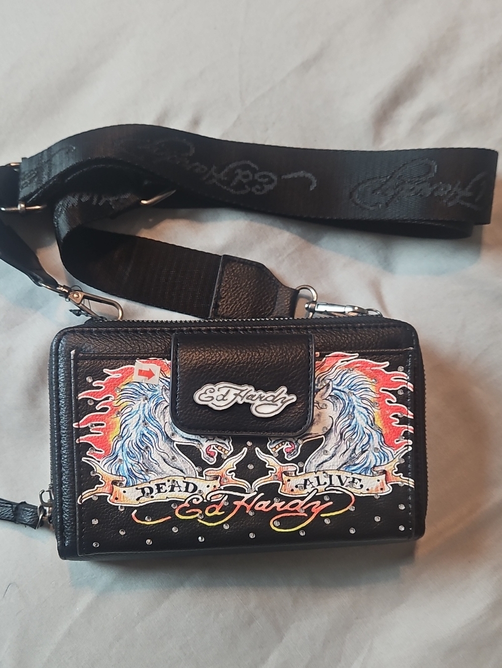 Ed Hardy Black Crossbody Wallet with Red & Blue Graphic